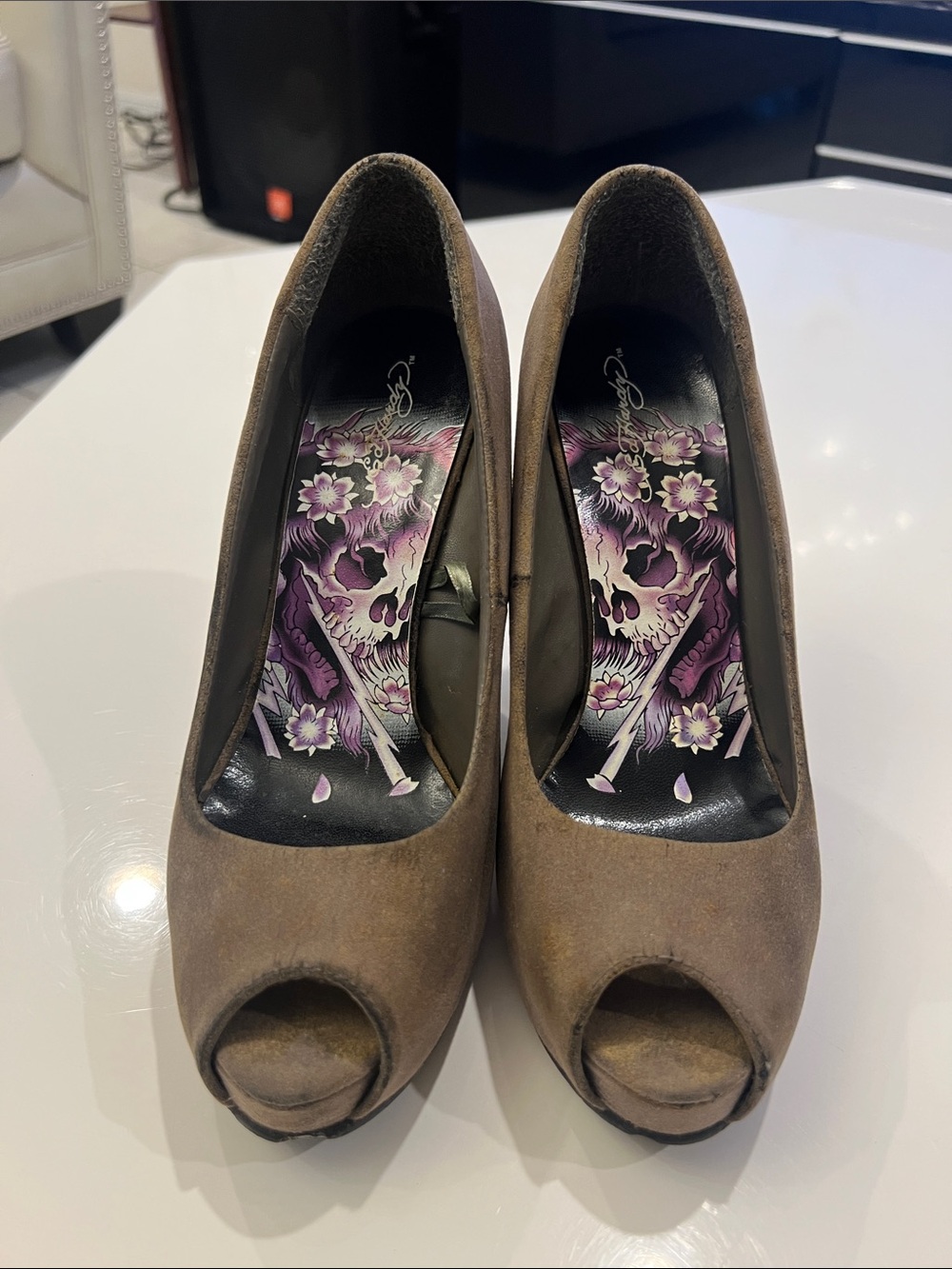 Ed Hardy Taupe Suede Peep-Toe Wedge Pumps with Crystal Heel - Picture 4 of 9